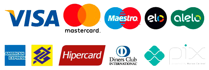 Formas de pagamento: Visa, Mastercard, Maestro, Elo, Alelo, American Express, Banco do Brasil, Hipercard, Diners Club e Pix